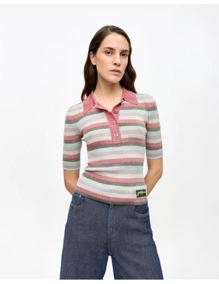 METALLIC STRIPED KNIT POLO SHIRT