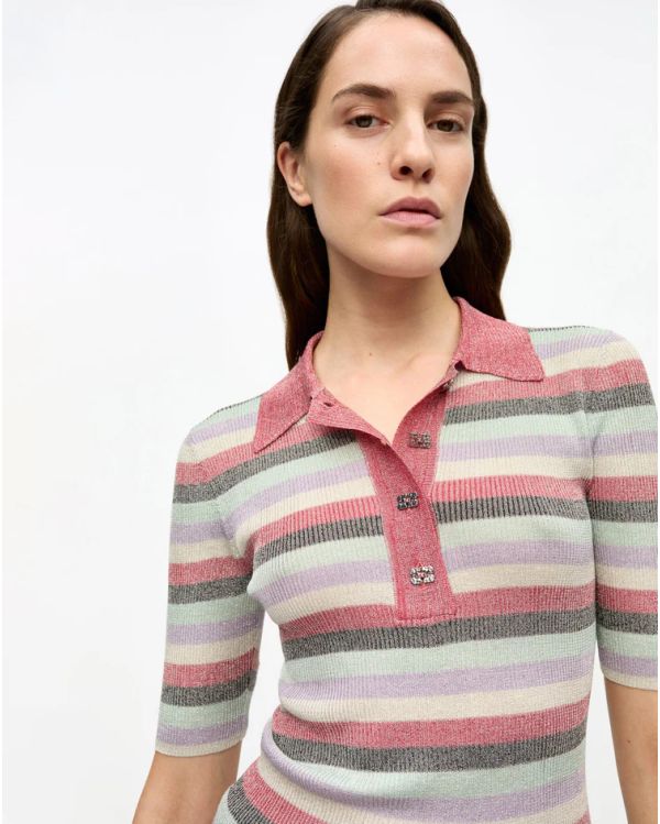 METALLIC STRIPED KNIT POLO SHIRT