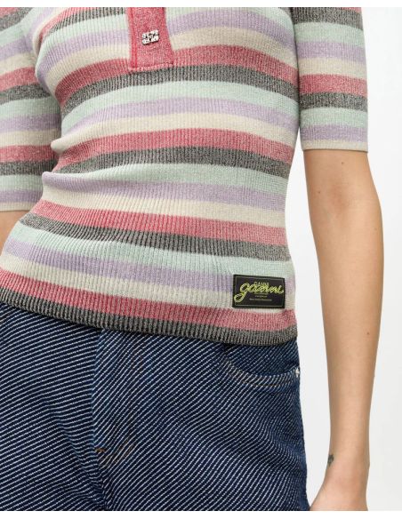 METALLIC STRIPED KNIT POLO SHIRT