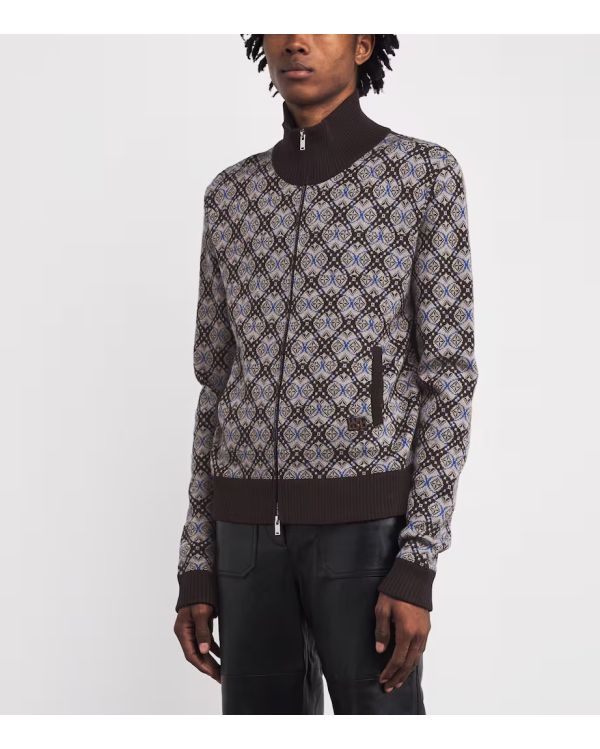 WOOL JACQUARD KNIT BROWN GREY BLUE