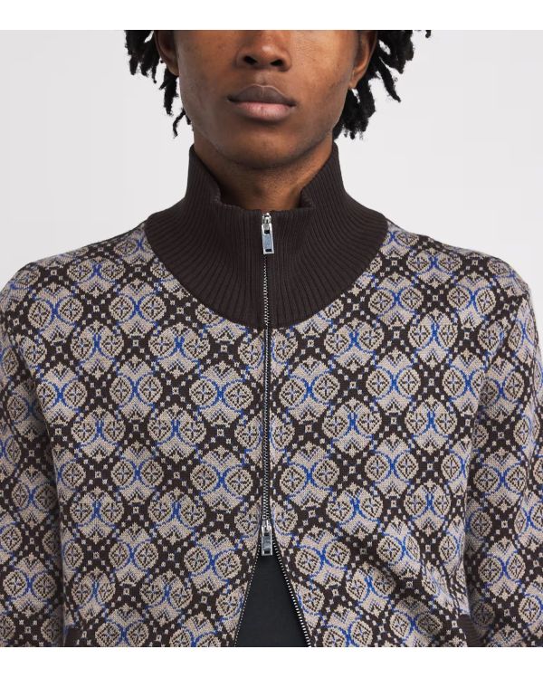 WOOL JACQUARD KNIT BROWN GREY BLUE