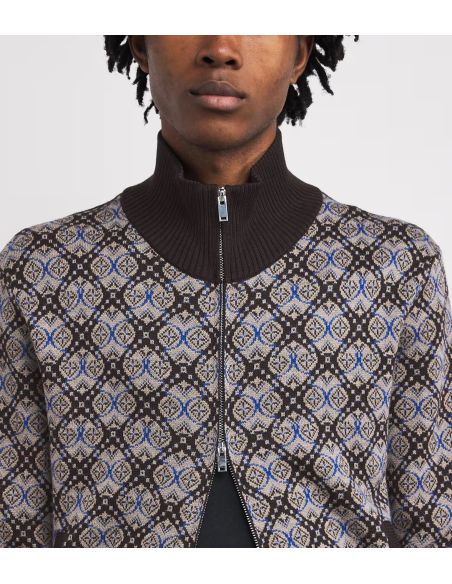 WOOL JACQUARD KNIT BROWN GREY BLUE