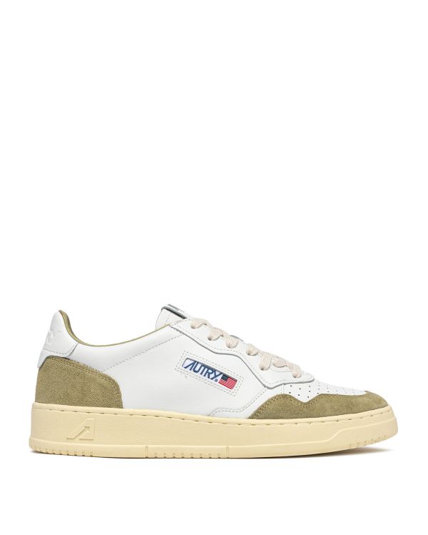 MEDALIST MEN'S WHITE LEATHER AND GRAY GREEN SUEDE SNEAKERS