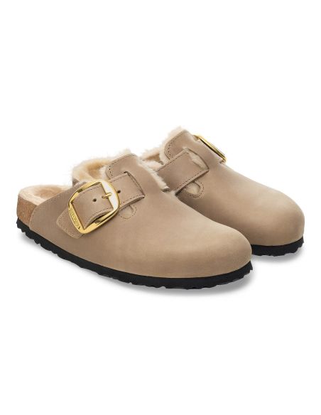 MULES BOSTON BIG BUCKLE SHEARLING TABACCO MARRON
