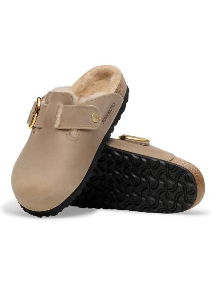 BOSTON BIG BUCKLE SHEARLING MULES TABACCO BROWN
