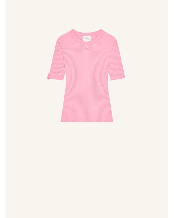 TSHIRT EN MAILLE CÔTELÉE AVEC BOUCLE ROSE