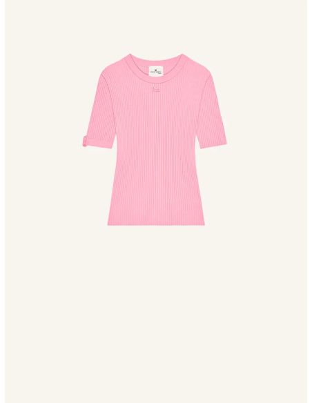 TSHIRT EN MAILLE CÔTELÉE AVEC BOUCLE ROSE