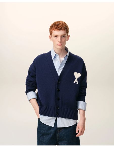 CARDIGAN AMI DE COEUR EN LAINE BLEU ENCRE / ECRU