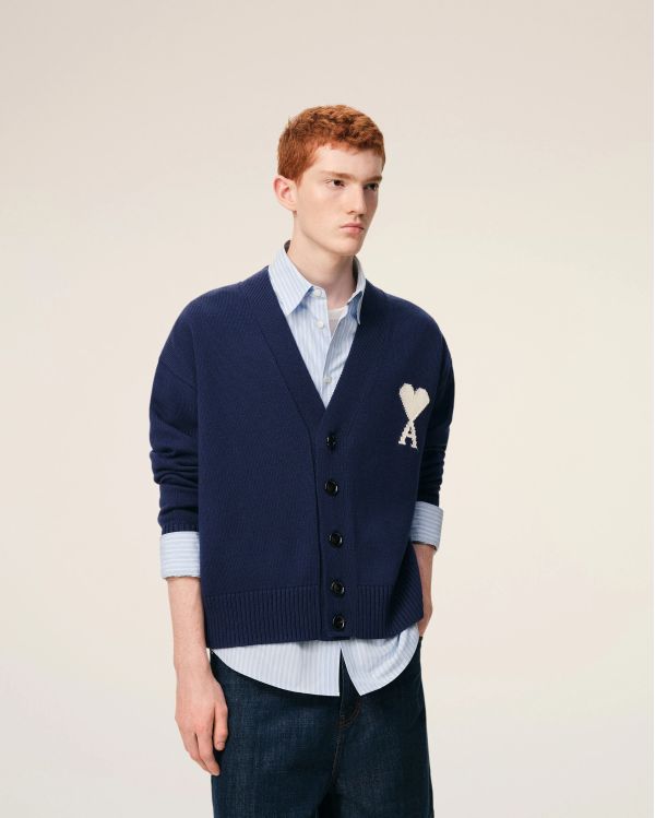 CARDIGAN AMI DE COEUR EN LAINE BLEU ENCRE / ECRU