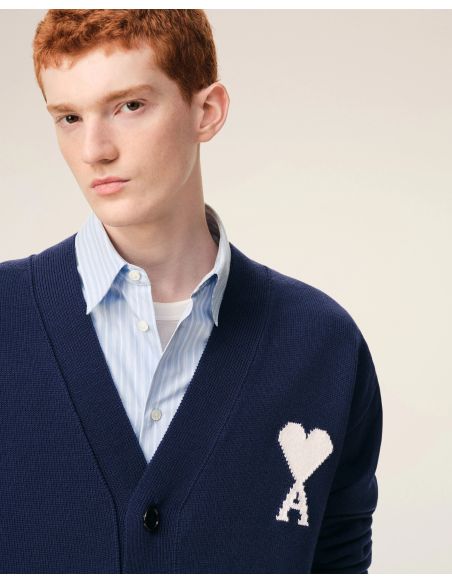 CARDIGAN AMI DE COEUR EN LAINE BLEU ENCRE / ECRU