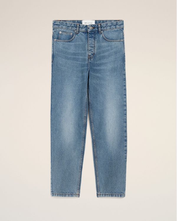 JEAN COUPE TAPERED EN COTON BLEU USÉ