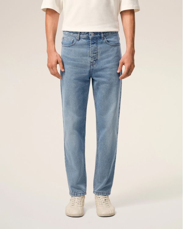 JEAN COUPE TAPERED EN COTON BLEU USÉ