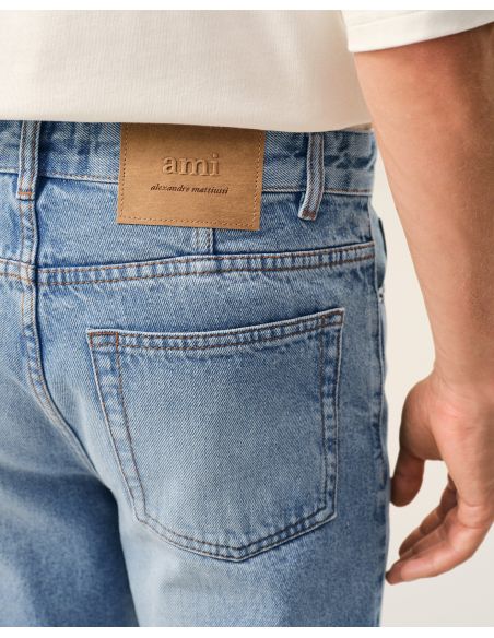 JEAN COUPE TAPERED EN COTON BLEU USÉ