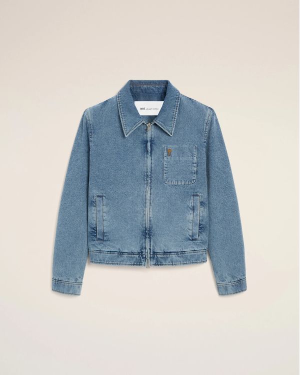 BLOUSON ZIPPÉ AMI DE COEUR CONTRASTÉ EN COTON BLEU USÉ