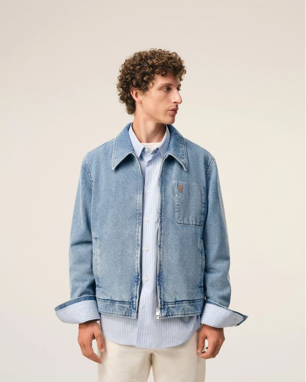 BLOUSON ZIPPÉ AMI DE COEUR CONTRASTÉ EN COTON BLEU USÉ 2