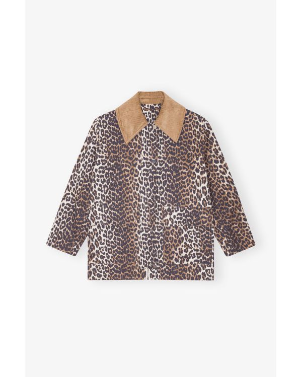 LEOPARD PRINTED CANVAS MIDI JACKET ALMOND MILK