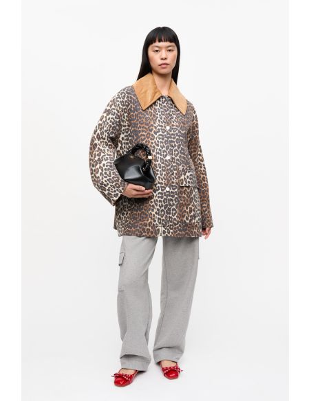 LEOPARD PRINTED CANVAS MIDI JACKET ALMOND MILK