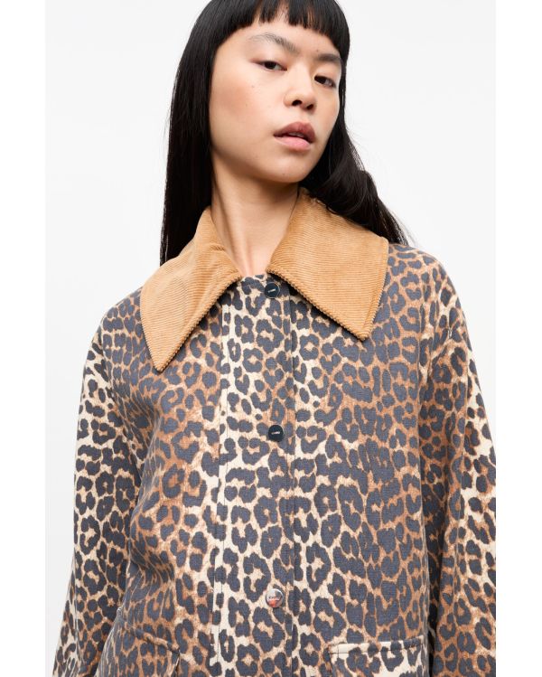 LEOPARD PRINTED CANVAS MIDI JACKET ALMOND MILK