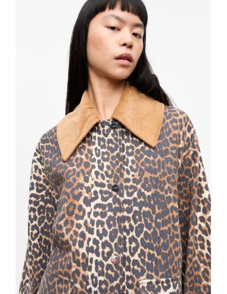 LEOPARD PRINTED CANVAS MIDI JACKET ALMOND MILK