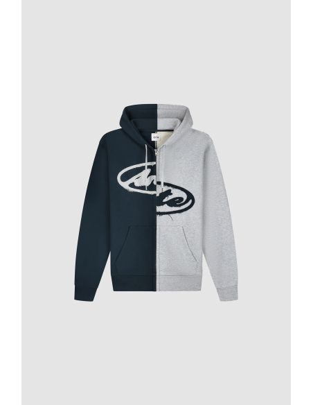 SWEAT À CAPUCHE ZIPPÉ SPLIT PATCH GRIS / BLEU MARINE