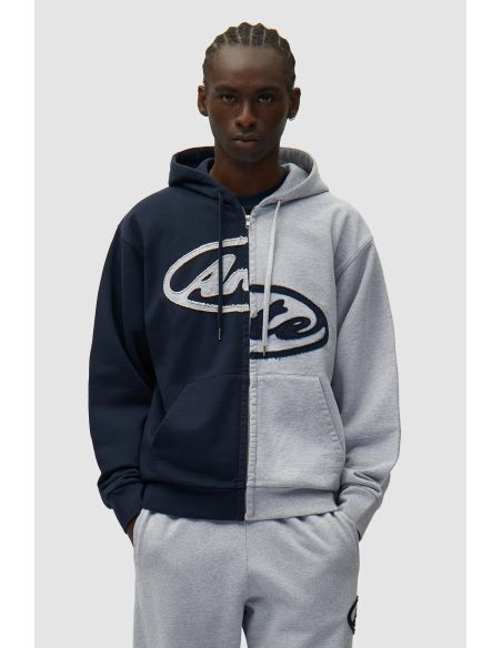 SWEAT À CAPUCHE ZIPPÉ SPLIT PATCH GRIS / BLEU MARINE