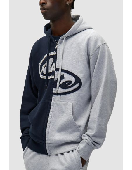 SWEAT À CAPUCHE ZIPPÉ SPLIT PATCH GRIS / BLEU MARINE