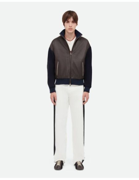 VESTE EN CUIR PATH BLEU MARINE / BRUN FONCÉ / IVOIRE