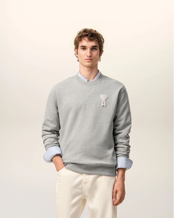 SWEATSHIRT AMI DE COEUR CROCHET EN COTON GRIS CEND CHINE / BLANC CRÈME