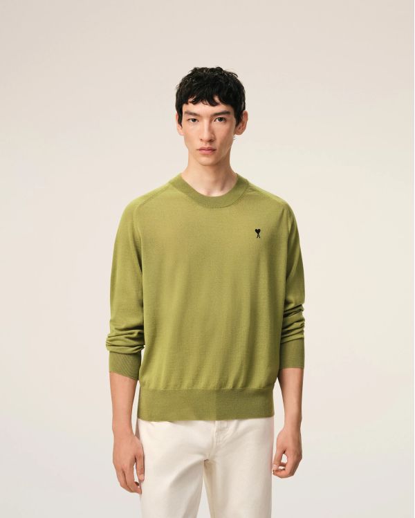 ROUND NECK SWEATER AMI DE COEUR IN WOOL MATCHA GREEN / BLACK