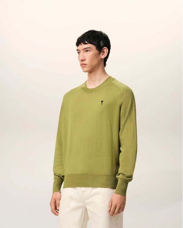 ROUND NECK SWEATER AMI DE COEUR IN WOOL MATCHA GREEN / BLACK