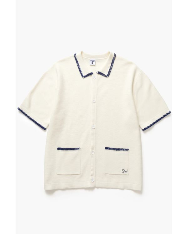 CHEMISE À MANCHES COURTES BLANKET STITCH KNIT BLANC CASSÉ