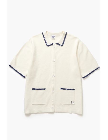 CHEMISE À MANCHES COURTES BLANKET STITCH KNIT BLANC CASSÉ