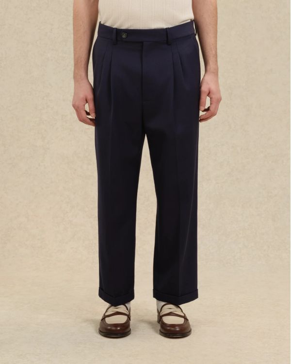 PANTALON À PLIS CROPPED LAINE BLEU MARINE 2