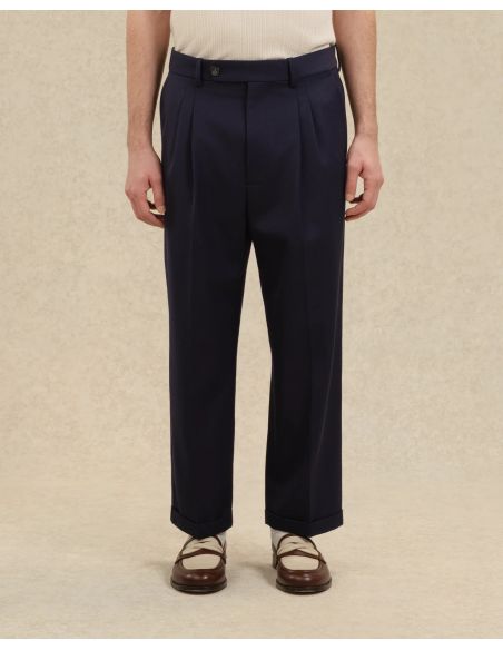 PANTALON À PLIS CROPPED LAINE BLEU MARINE