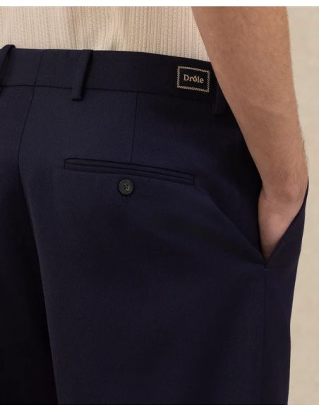 PANTALON À PLIS CROPPED LAINE BLEU MARINE
