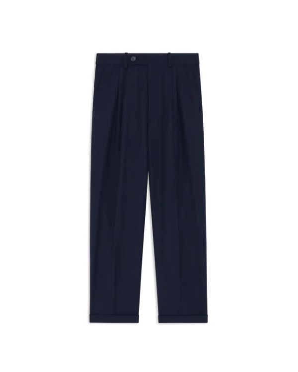 NAVY BLUE CROPPED PLEATED WOOL PANTS