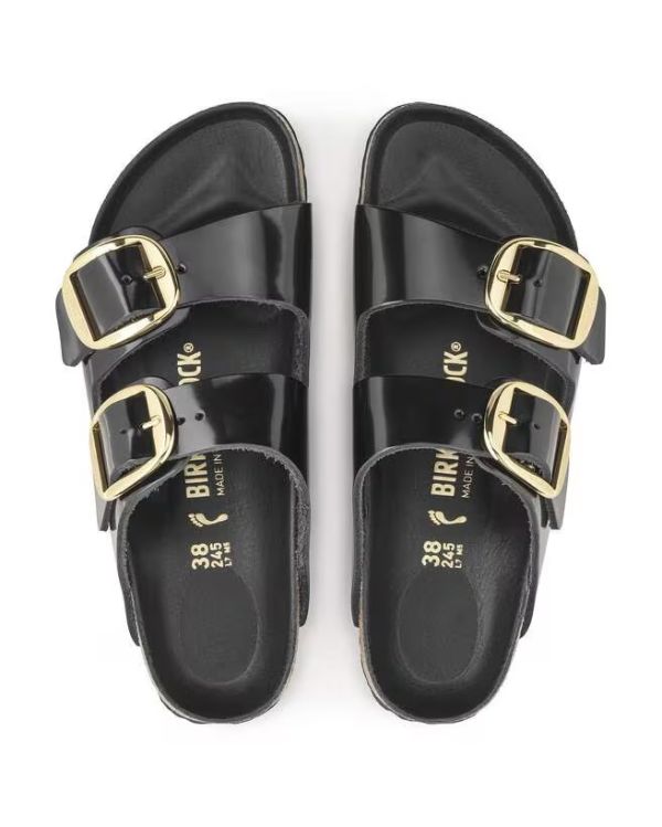 ARIZONA BIG BUCKLE HIGH SHINE BLACK SANDALS