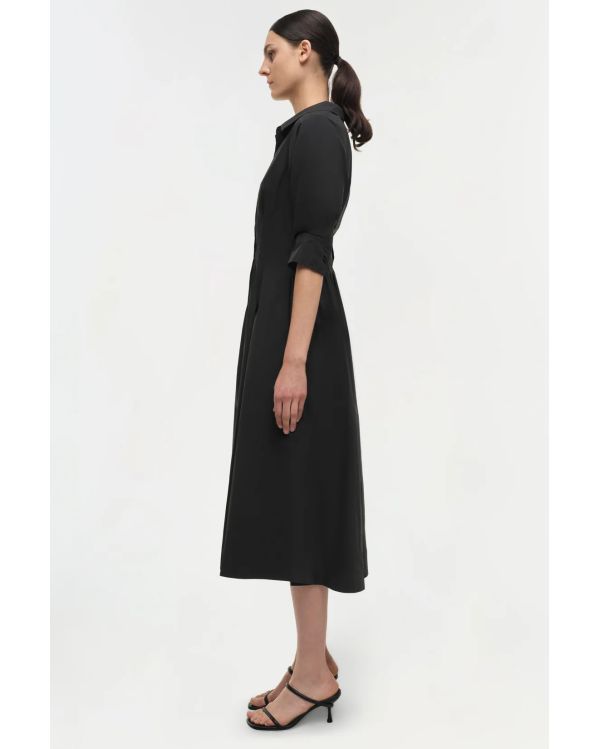 JAZZ COTTON PINTUCK MIDI DRESS BLACK