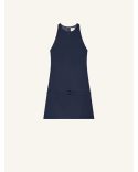 MINI-ROBE TRAPÈZE EN SERGÉ CEINTURE BLEU MARINE