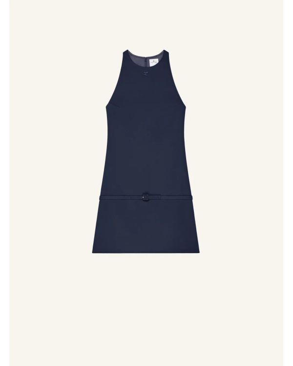 MINI-ROBE TRAPÈZE EN SERGÉ CEINTURE BLEU MARINE