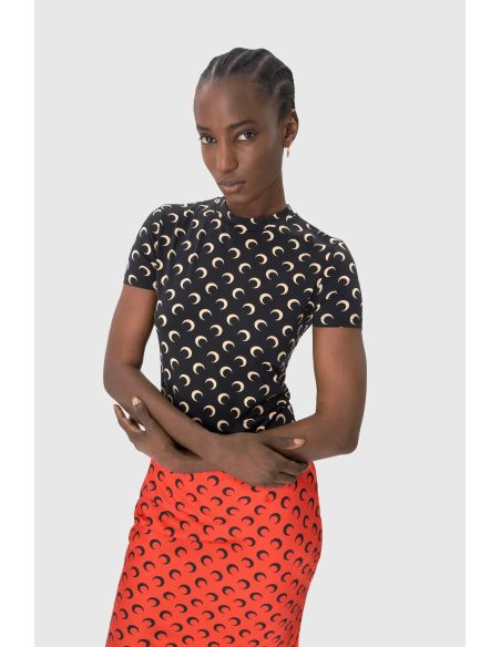 MOON PRINTED JERSEY CREW NECK TOP BLACK / MOON BEIGE