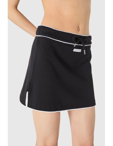 LIGHT RIBBED JERSEY DRAWSTRING-WAIST MINI SKIRT BLACK