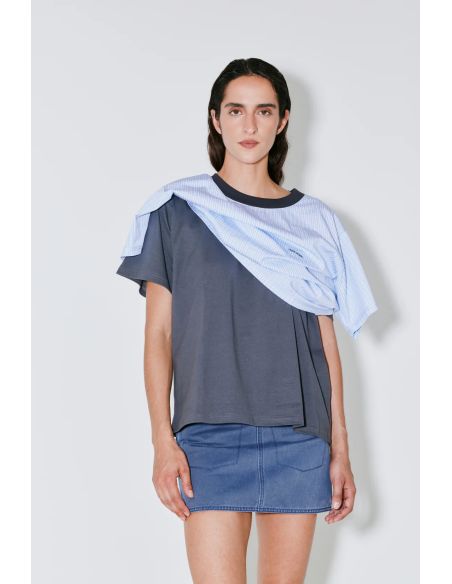 TSHIRT DOUBLE MIROIR THOAI GRIS / RAYURES BLEUES