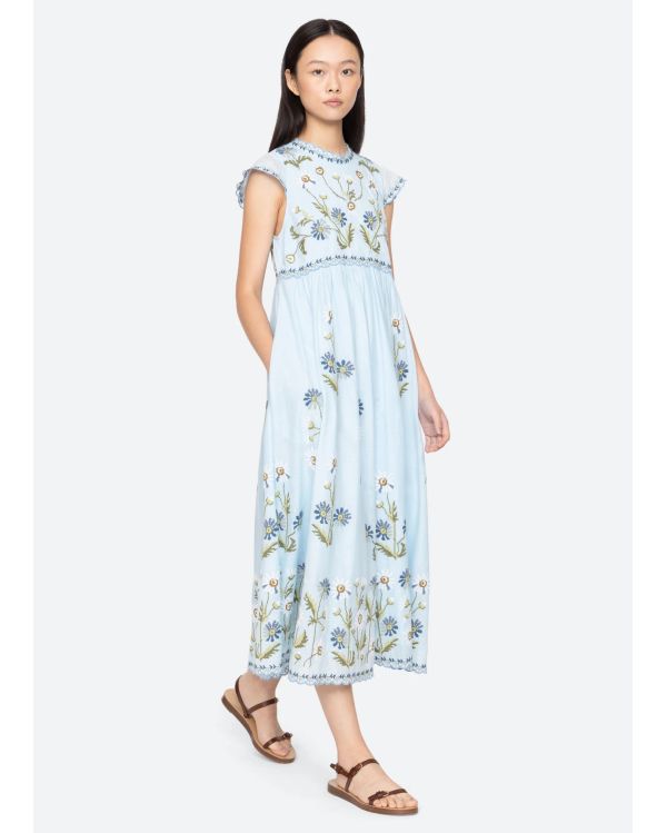 ROBE AUDRA BRODÉ MIDI BLEU
