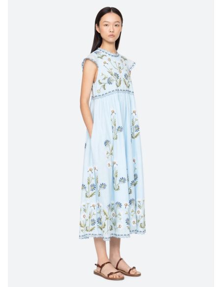 ROBE AUDRA BRODÉ MIDI BLEU