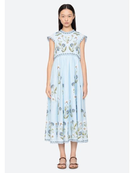 ROBE AUDRA BRODÉ MIDI BLEU