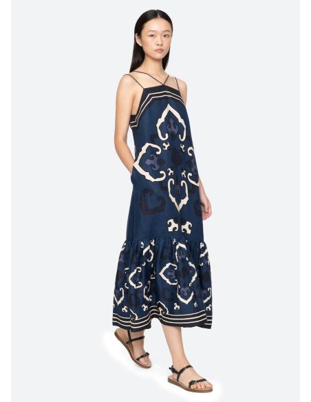 ROBE BLAISE MIDI BRETELLES FINES BLEU MARINE