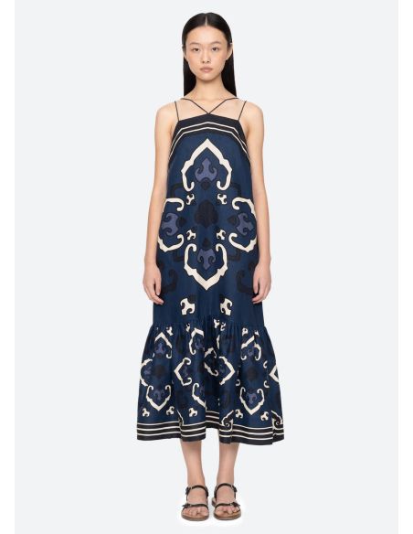 ROBE BLAISE MIDI BRETELLES FINES BLEU MARINE
