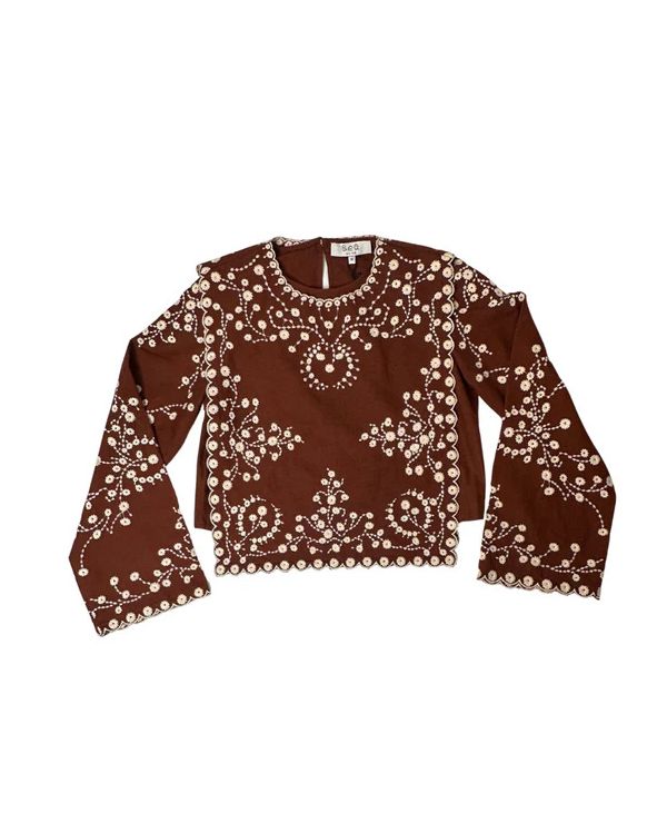 TOP FRANCES L/SLV FLORAL EMBROIDERY BROWN