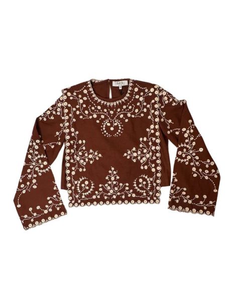 TOP FRANCES L/SLV FLORAL EMBROIDERY BROWN